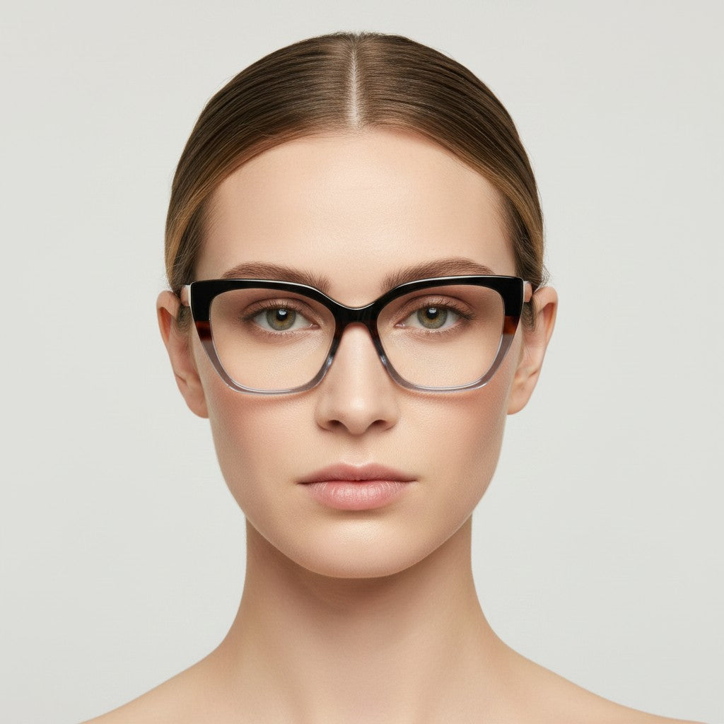 W One Brand Store óculos de grau gatinho em acetato preto, vermelho e cinza com design moderno.