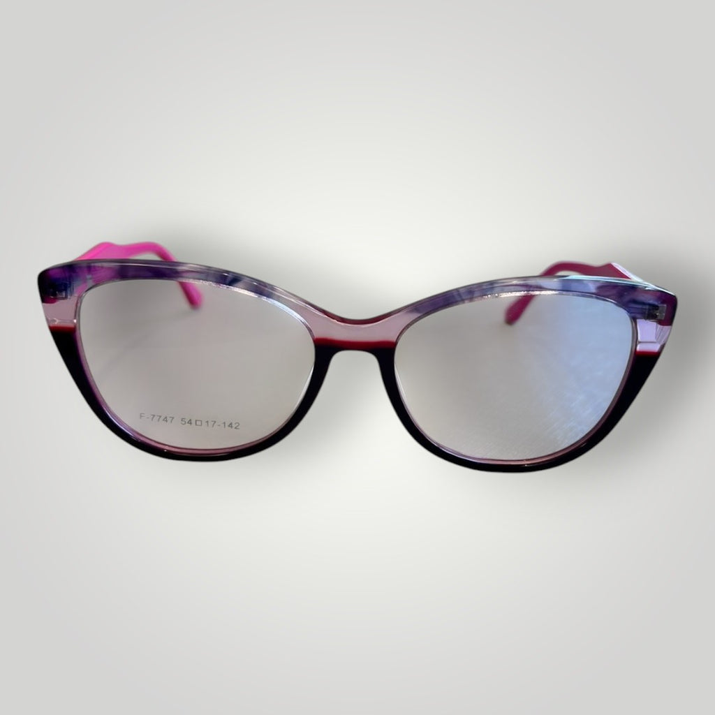 Armação de óculos de grau W One em acetato com design gatinho, mesclando tons de rosa e roxo. Hastes com exterior roxo e interior rosa. Leve e moderna.