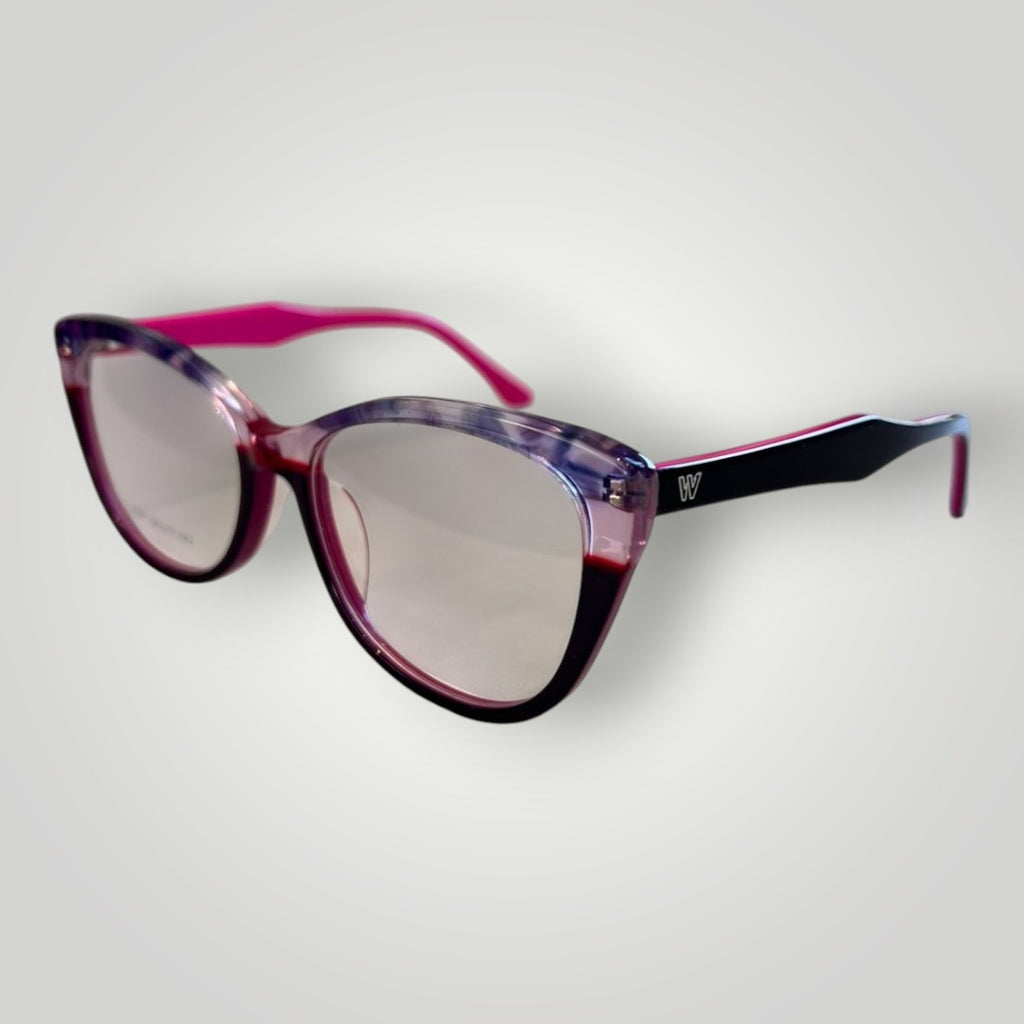Óculos de grau W One em acetato rosa e roxo com design gatinho e hastes contrastantes. Logo 'W' na haste.