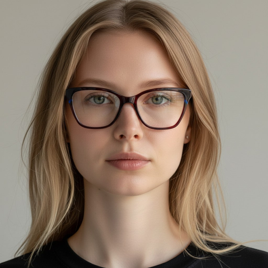 Óculos de grau W One Brand Store gatinho em acetato vermelho com detalhe azul na lateral. Design feminino e elegante.