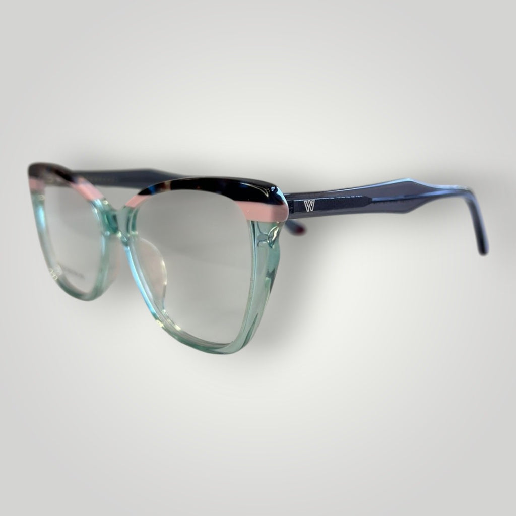 Óculos de grau W One gatinho em acetato azul tiffany transparente com detalhe colorido e hastes fumê