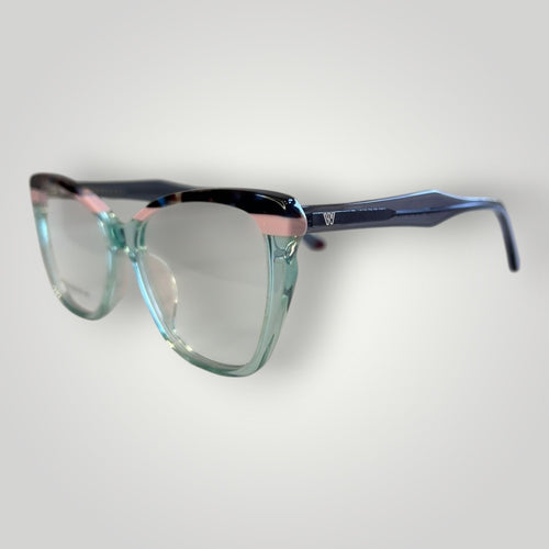 Armação de Óculos de Grau Gatinho em Acetato Azul Tiffany Transparente com Detalhe Colorido e Hastes Fumê vista lateral