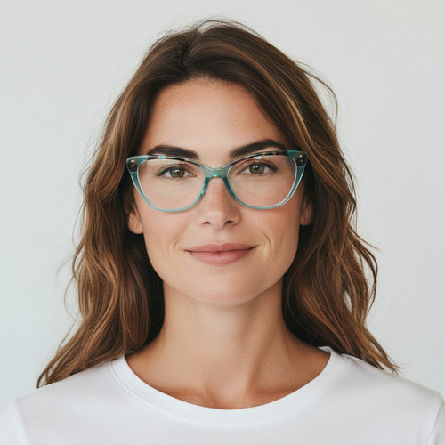 Armação de Óculos de Grau Gatinho em Acetato Azul Tiffany Transparente com Detalhe Colorido vista lateral