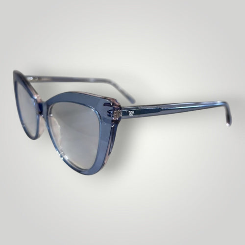 Armação de Óculos de Grau Gatinho em Acetato Azul Transparente vista lateral