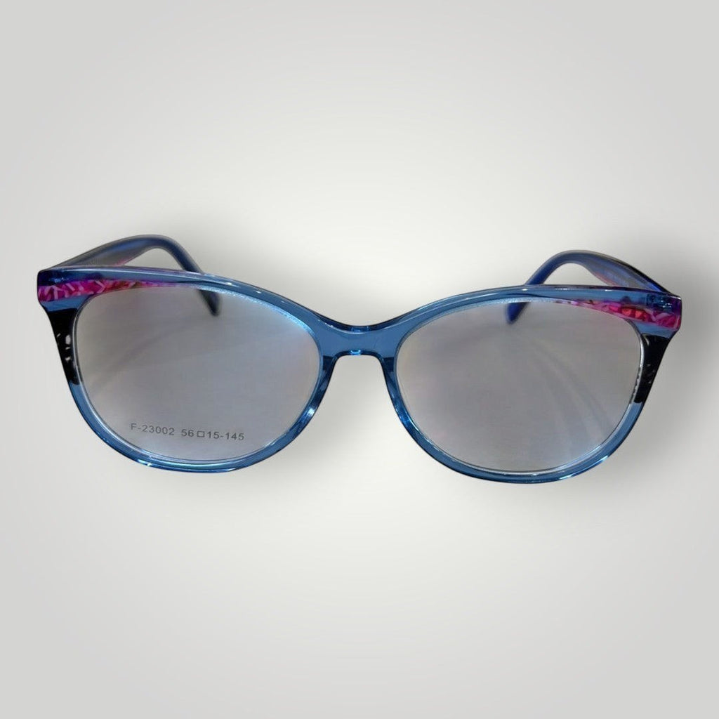 Óculos de grau W One Brand Store gatinho em acetato azul escuro transparente com detalhes rosas