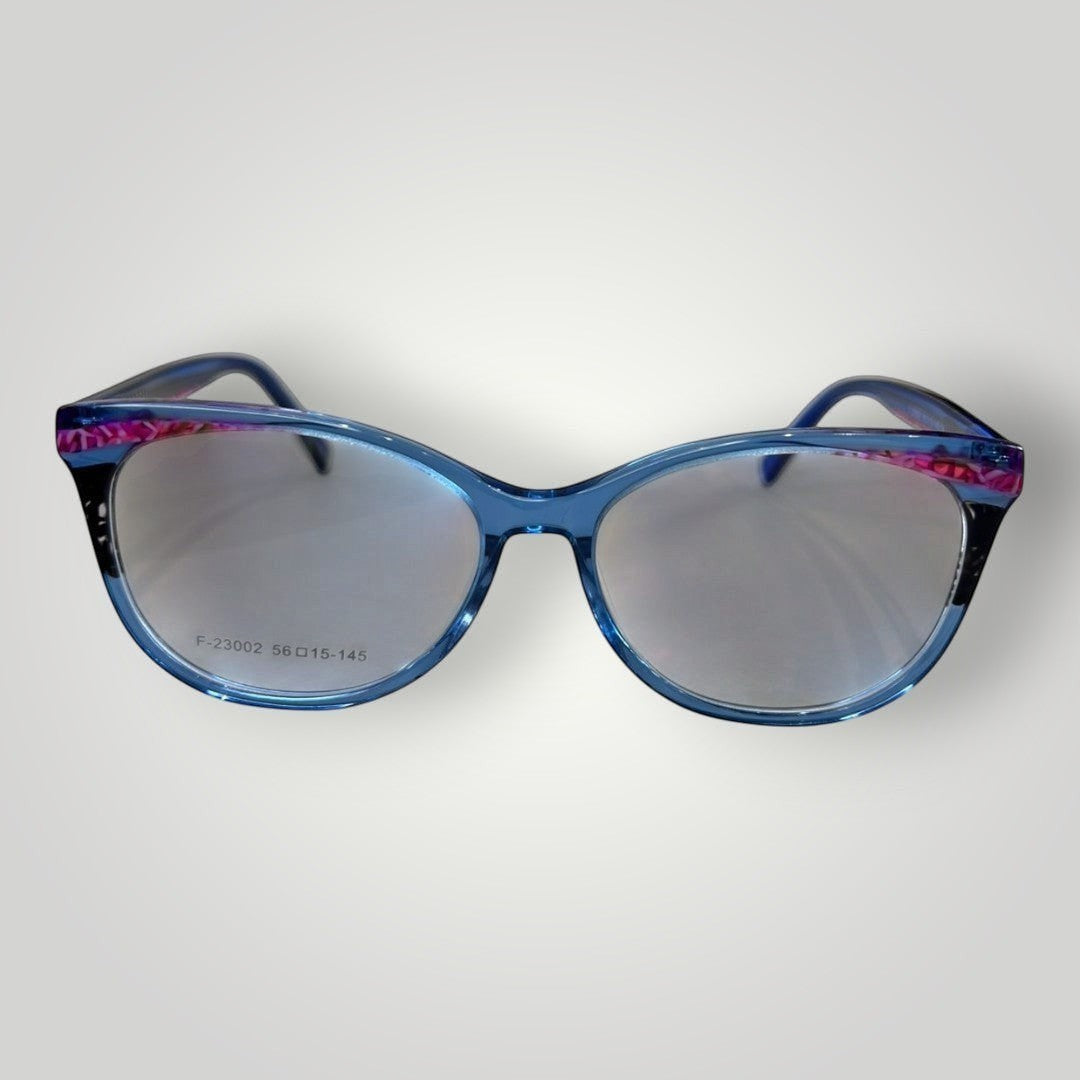 Óculos de grau W One Brand Store gatinho em acetato azul escuro transparente com detalhes rosas