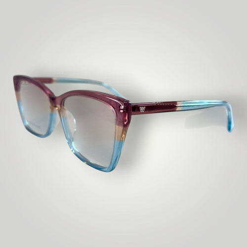 Armação de Óculos de Grau Gatinho Bicolor em Acetato Azul e Rosa Transparente vista lateral