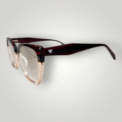 Armação de Óculos de Grau Gatinho Bicolor em Acetato Vinho e Transparente vista lateral