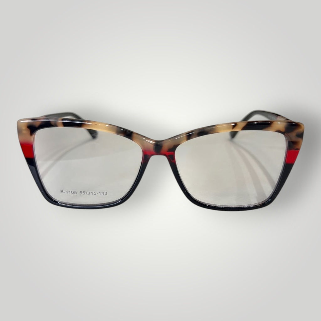 Óculos de grau W One em acetato com design gatinho, estampa camuflada em vermelho e preto, armação elegante.