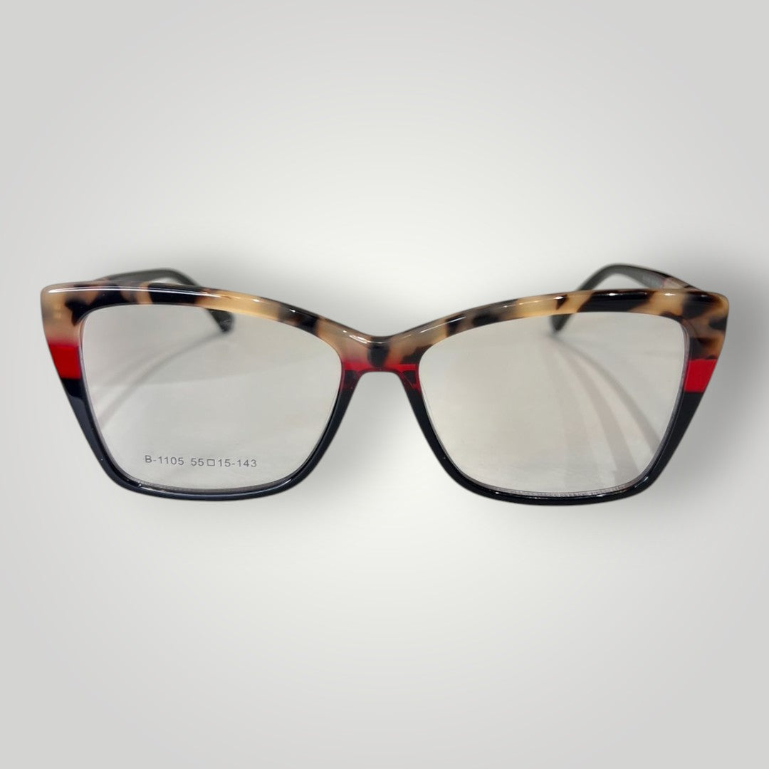 Óculos de grau W One em acetato com design gatinho, estampa camuflada em vermelho e preto, armação elegante.