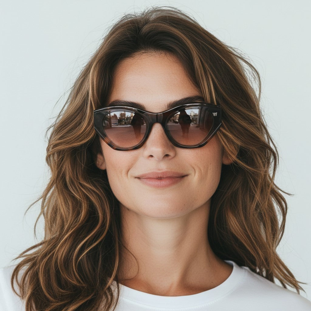 Mulher usando óculos de sol W One Brand Store modelo gatinho em acetato camuflado com lentes marrons degradê.