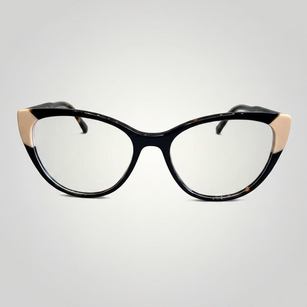 Armação de Óculos de Grau Gatinho em Acetato Camuflado com Detalhes Off White e Clip-On vista frontal