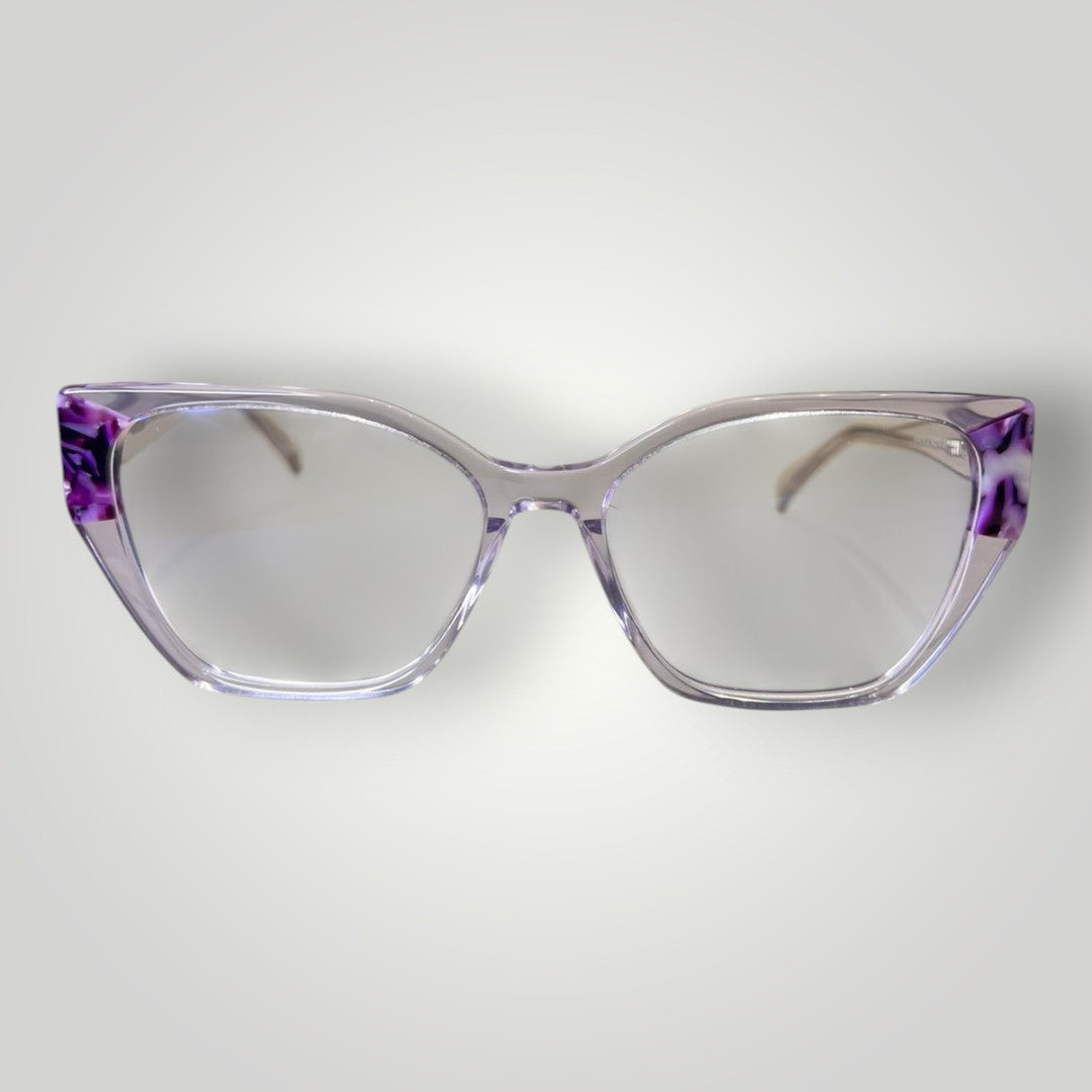 Óculos de grau W One gatinho em acetato lilás transparente com detalhes laterais em mármore roxo.