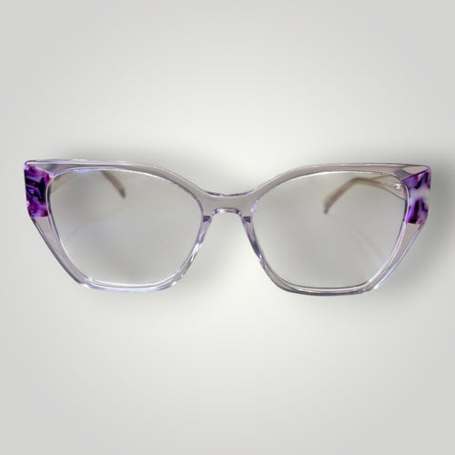 Armação de Óculos de Grau Gatinho em Acetato Lilás Transparente com Detalhes Laterais vista frontal