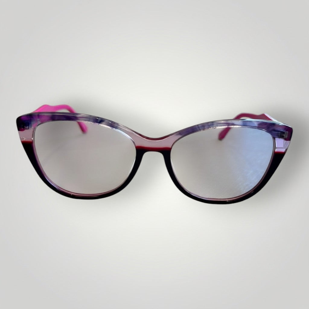Armação de óculos de grau W One em acetato rosa e roxo com design gatinho e hastes coloridas. Estilo moderno e delicado.