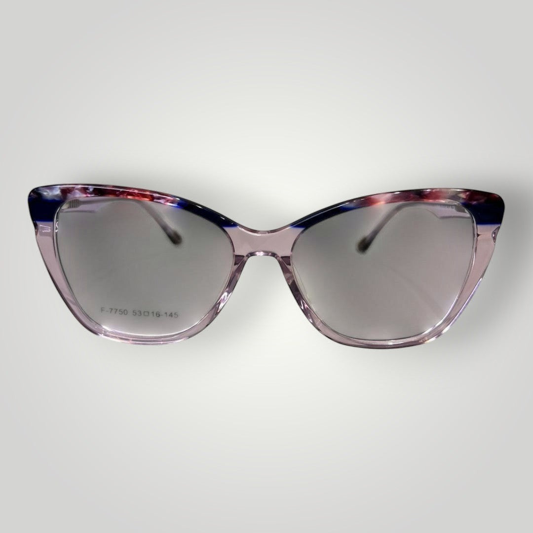 Óculos de grau W One em acetato lilás com detalhes superiores e pontas fumê. Armação moderna e elegante.