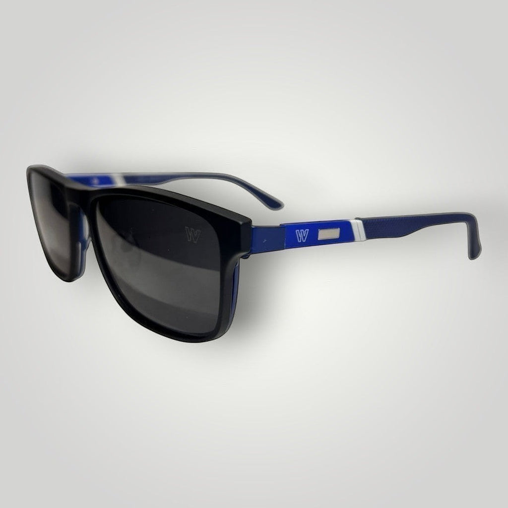 Armação de Óculos de Grau Retangular em Metal com Hastes Emborrachadas Azul Escuro e Azul com Clip-On outro ângulo
