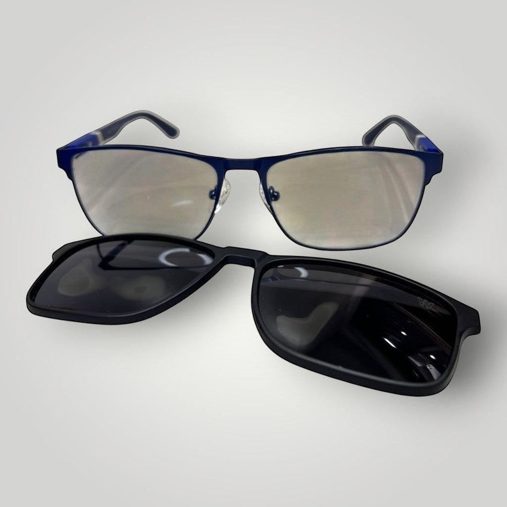 Armação de Óculos de Grau Retangular em Metal com Hastes Emborrachadas Azul Escuro e Azul com Clip-On vista lateral