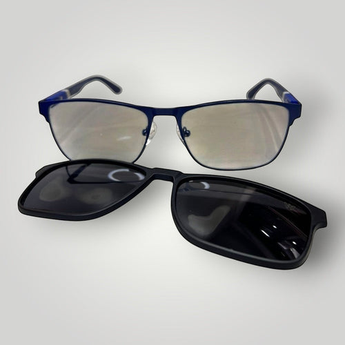Armação de Óculos de Grau Retangular em Metal com Hastes Emborrachadas Azul Escuro e Azul com Clip-On vista lateral