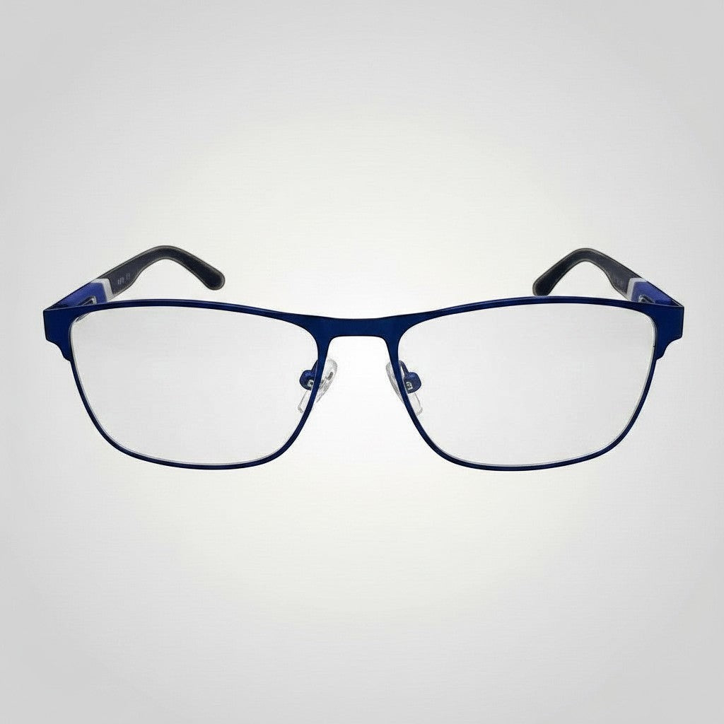 Armação de Óculos de Grau Retangular em Metal com Hastes Emborrachadas Azul Escuro e Azul com Clip-On vista frontal