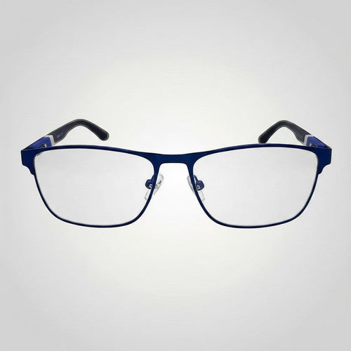 Armação de Óculos de Grau Retangular em Metal com Hastes Emborrachadas Azul Escuro e Azul com Clip-On vista frontal