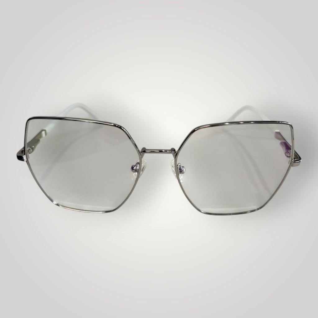 Óculos de grau W One em metal prata com formato hexagonal e hastes brancas, design moderno e minimalista.
