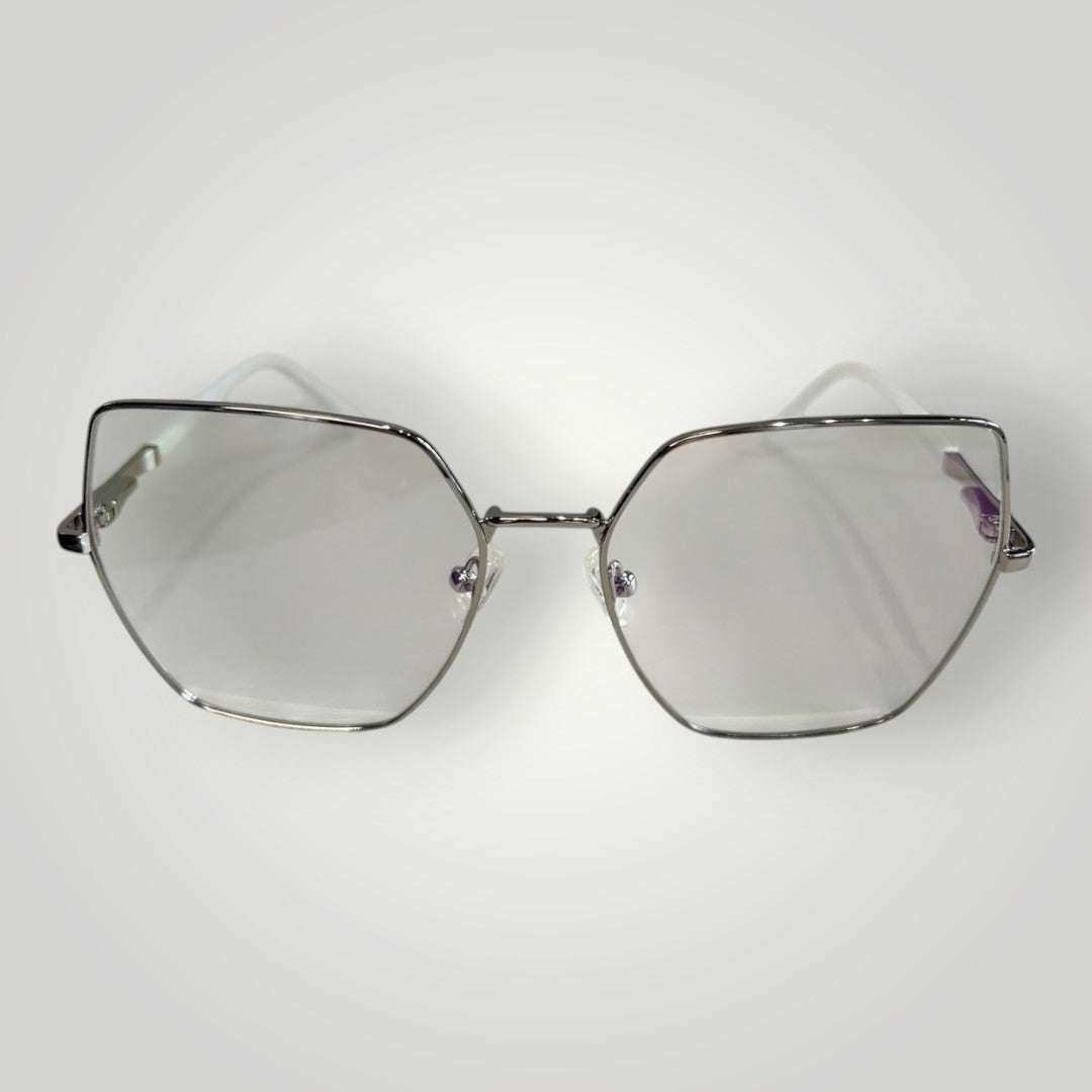 Óculos de grau W One em metal prata com formato hexagonal e hastes brancas, design moderno e minimalista.