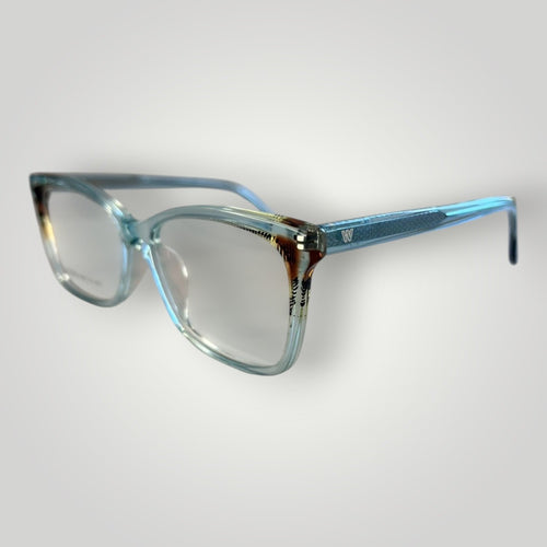 Armação de Óculos de Grau Retangular em Acetato Azul Tiffany Transparente com Detalhes Laterais vista frontal