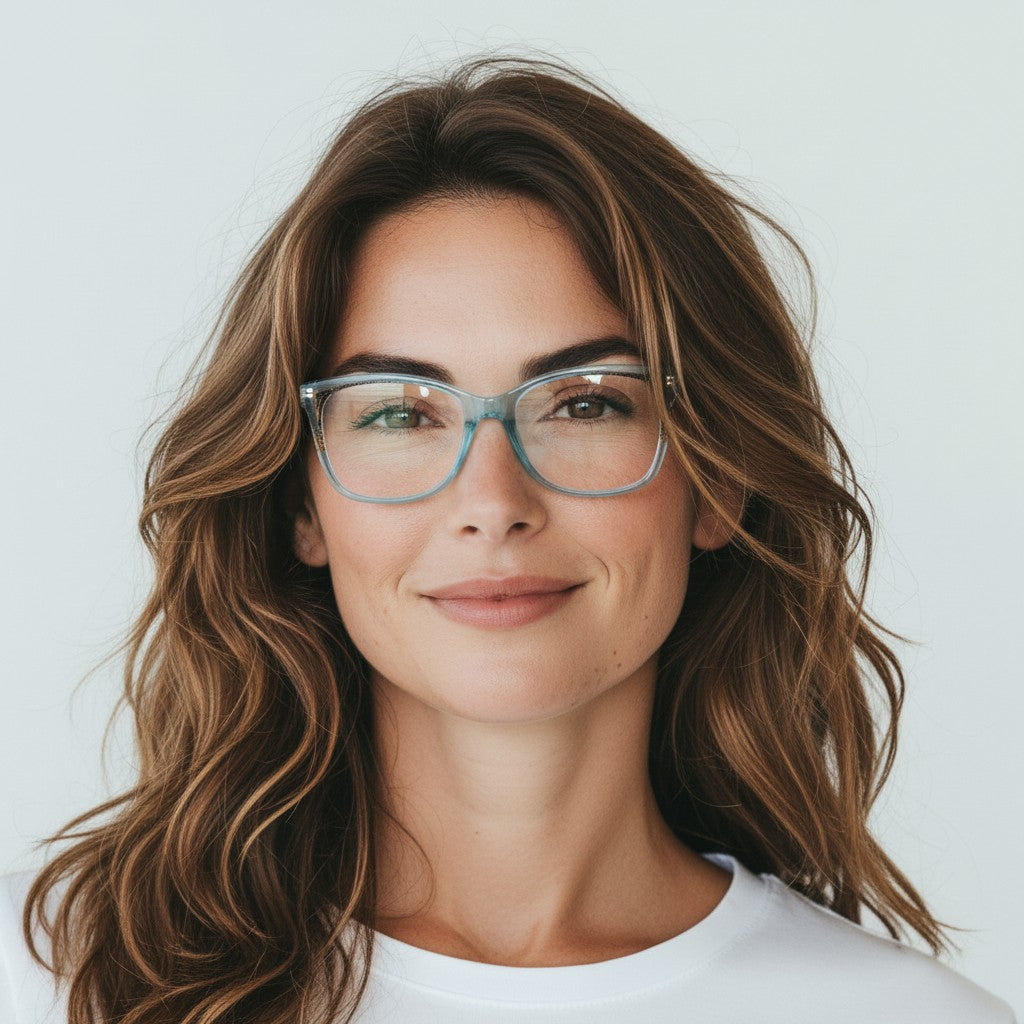 Óculos de grau W One retangulares em acetato azul tiffany transparente com detalhes laterais e logo "W" nas hastes.