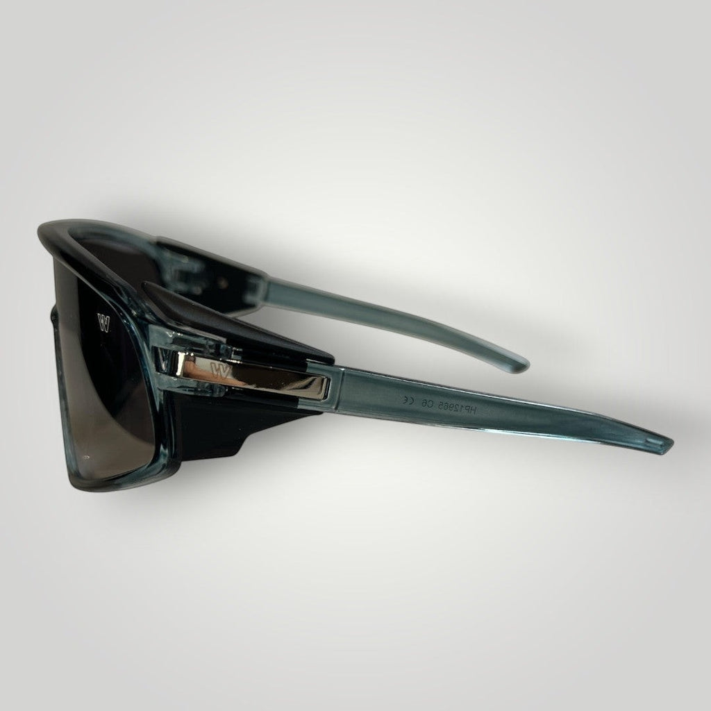 Óculos de Sol Esportivo Máscara Injetado Azul Transparente com Lentes Fumê Espelhadas vista lateral