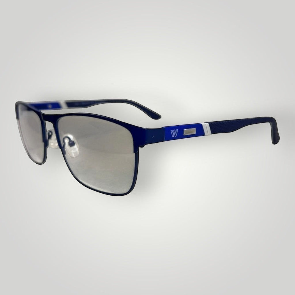 Armação de Óculos de Grau Retangular em Metal com Hastes Emborrachadas Azul Escuro e Azul com Clip-On detalhe da armação