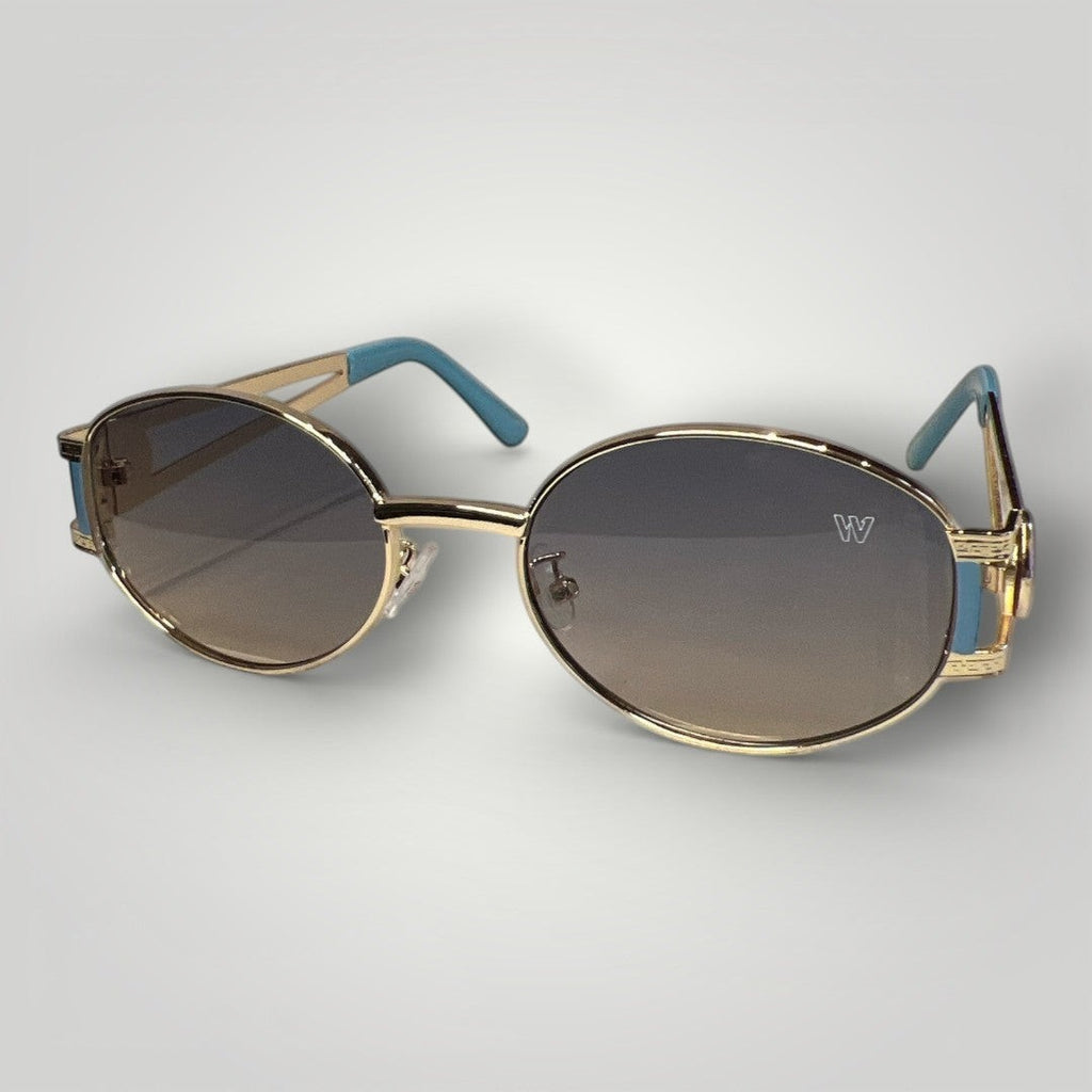 Óculos de Sol Oval Premium Dourado com Detalhes Azuis e Lentes Azuis vista frontal