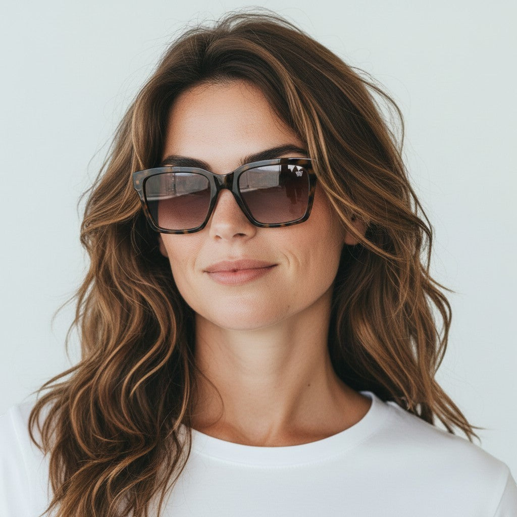 Óculos de Sol Premium Quadrado em Acetato Camuflado Marrom com Lentes Marrons detalhe da armação e das lentes
