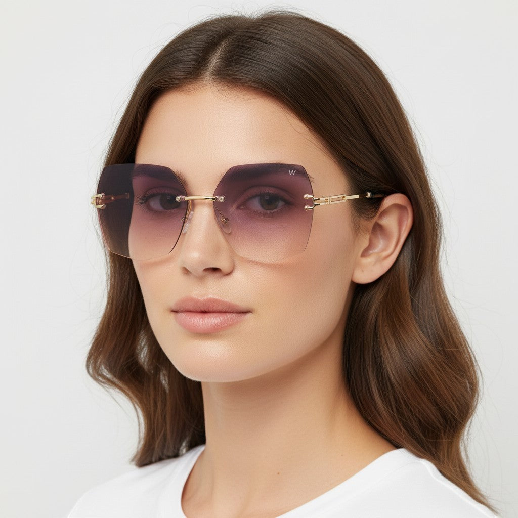 Óculos de Sol Quadrado Fashion com Lentes em Degradê Rosado e Metal Dourado vista lateral