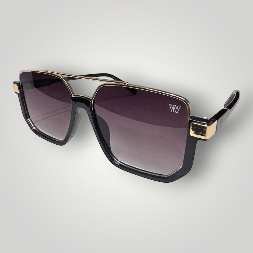 Óculos de Sol Quadrado em Acetato Preto com Detalhes em Dourado Estilo Aviador e Lentes Fumê vista frontal