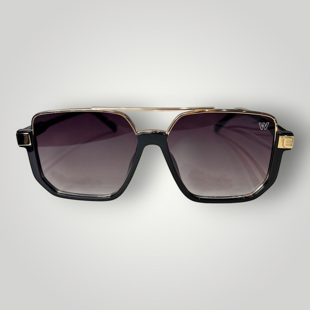 Óculos de sol W One Brand Store quadrado em acetato preto com detalhes dourados estilo aviador e lentes fumê com proteção