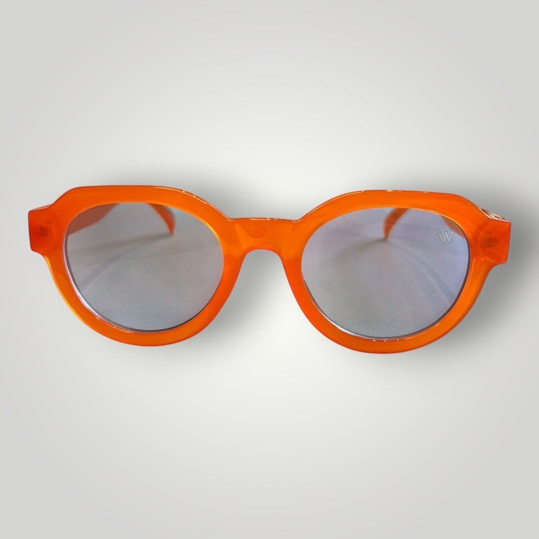 Óculos de sol W One Brand Store redondo em acetato laranja com lentes azuis e proteção UV400
