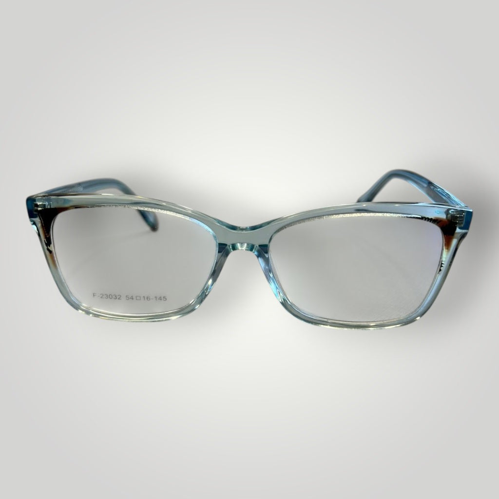 Armação de óculos W One Brand Store retangular azul tiffany transparente em acetato com detalhes laterais.