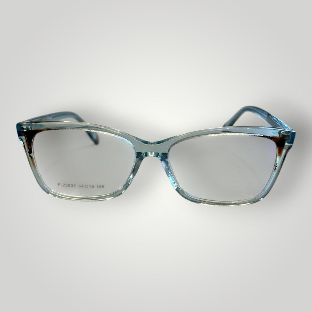Armação de óculos W One Brand Store retangular azul tiffany transparente em acetato com detalhes laterais.