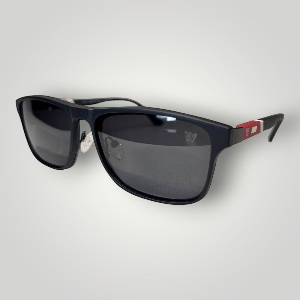 Armação de Óculos de Grau Retangular em Metal com Hastes Emborrachadas Cinza Escuro e Vermelho com Clip-On vista lateral