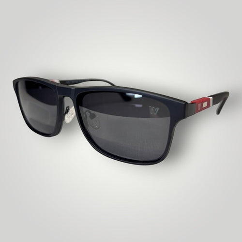 Armação de Óculos de Grau Retangular em Metal com Hastes Emborrachadas Cinza Escuro e Vermelho com Clip-On vista lateral