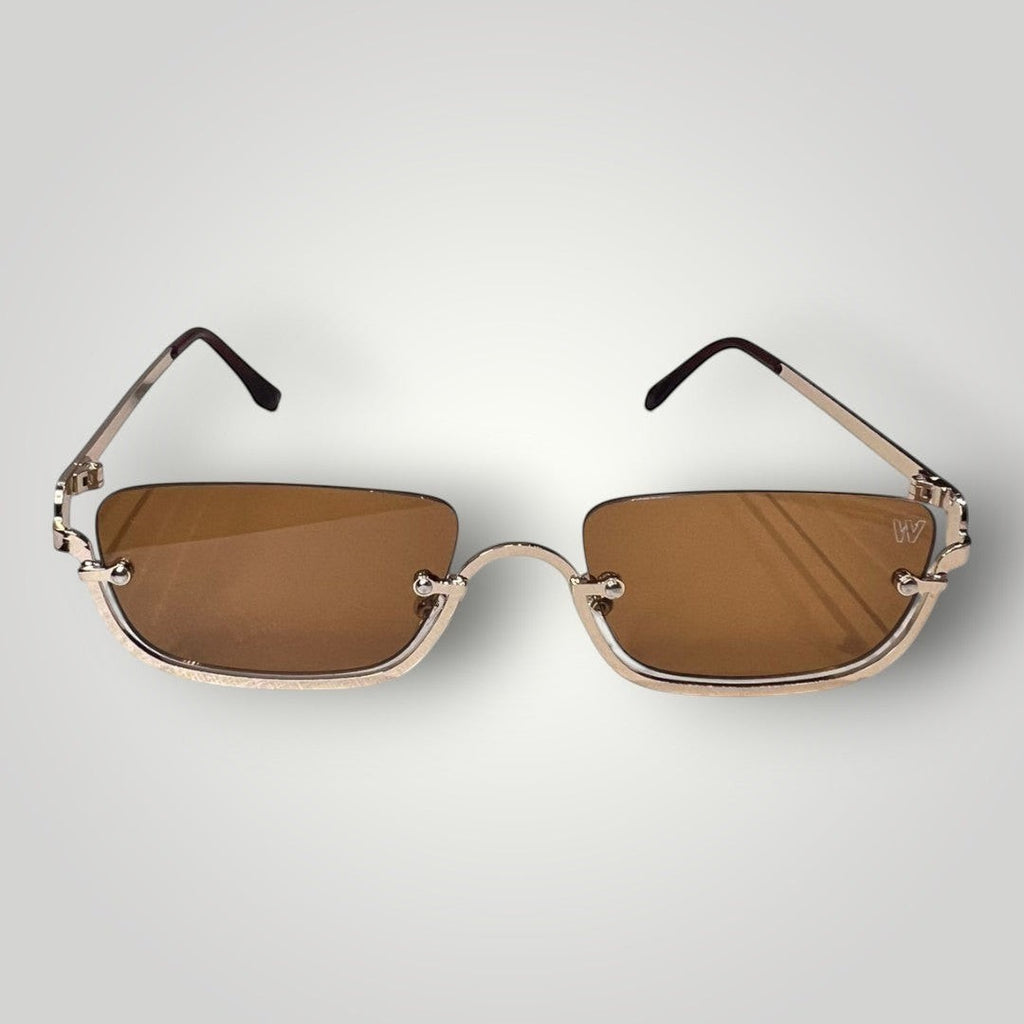 Óculos de Sol Retangular Fashionista em Metal Dourado detalhe da armação e das lentes