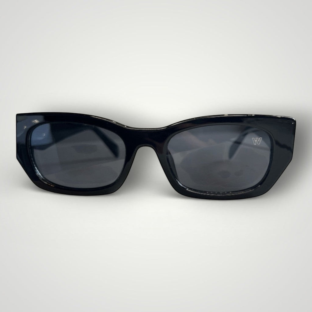 Óculos de Sol Retangular Acetato Preto com Faixa Branca outro ângulo
