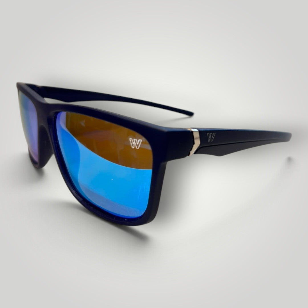 Óculos de sol W One Brand Store em acetato azul com lentes espelhadas polarizadas e hastes modernas