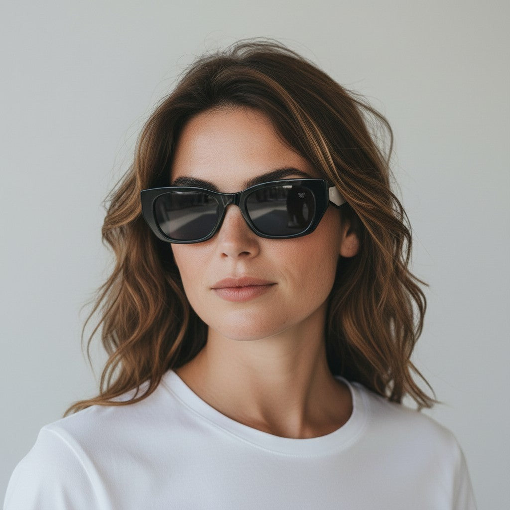 Óculos de Sol Retangular Acetato Preto com Faixa Branca detalhe da armação e das lentes