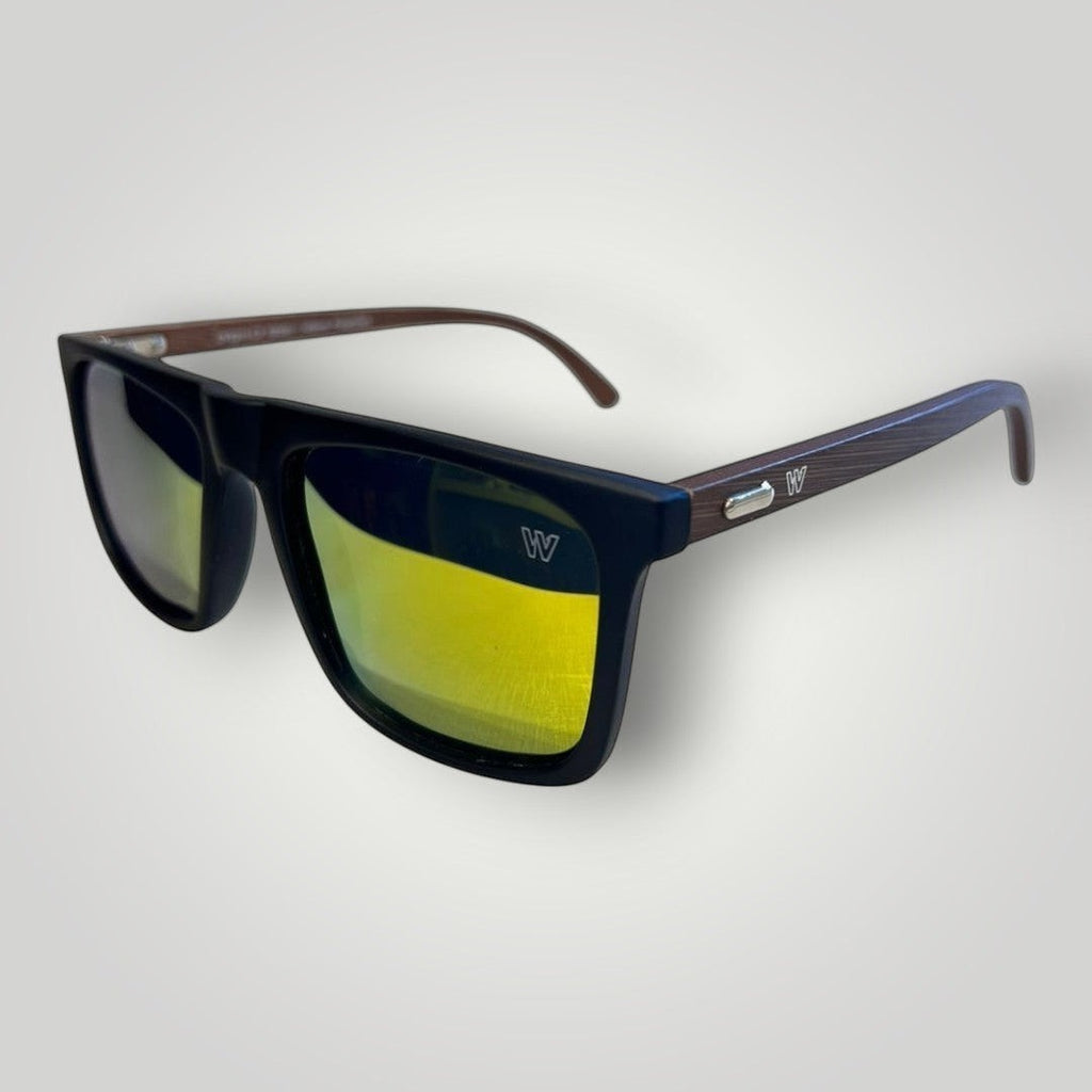 Óculos de sol W One Brand Store com armação de acetato, lentes espelhadas amarelas polarizadas e hastes estilo madeira