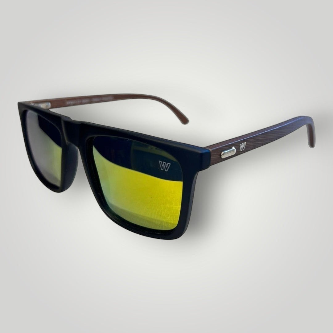 Óculos de sol W One Brand Store com armação de acetato, lentes espelhadas amarelas polarizadas e hastes estilo madeira