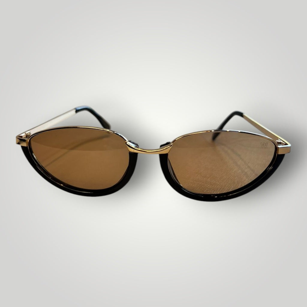 Óculos de sol W One oval em metal dourado com acetato preto e lentes marrons, com proteção UV400.