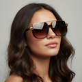 Modelo usando óculos de sol W One Brand Store quadrados em acetato marrom com detalhes dourados e lentes degradê