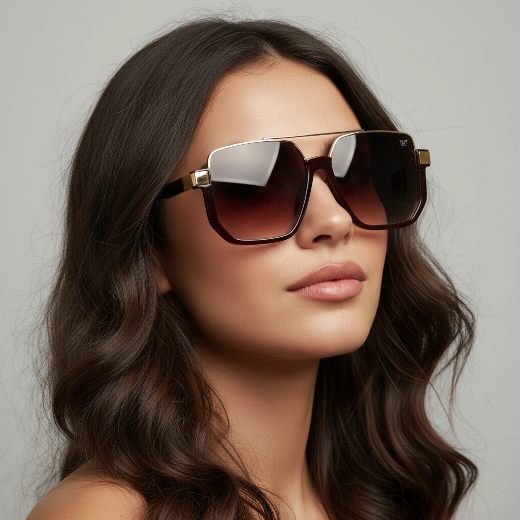 Modelo usando óculos de sol W One Brand Store quadrados em acetato marrom com detalhes dourados e lentes degradê